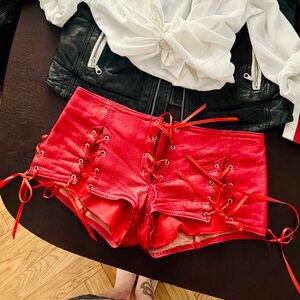 Red Lace-Up Leather Women Shorts
